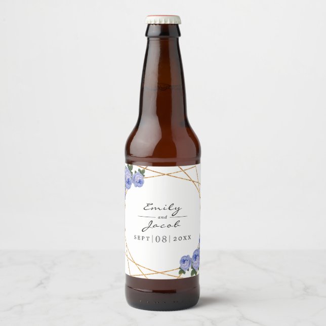 Elegant Gold Glitter Geometric Blue Floral Wedding Beer Bottle Label (Front)