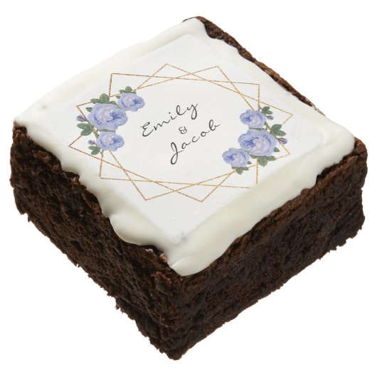 Elegant Gold Glitter Geometric Blue Floral Wedding Brownie (Angled)