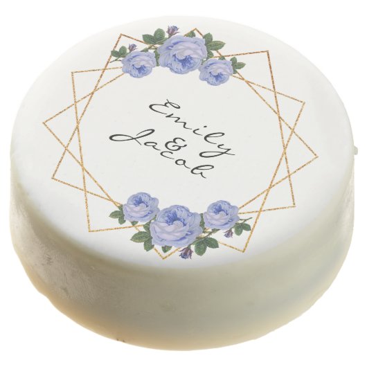 Elegant Gold Glitter Geometric Blue Floral Wedding Chocolate Covered Oreo (Angled)
