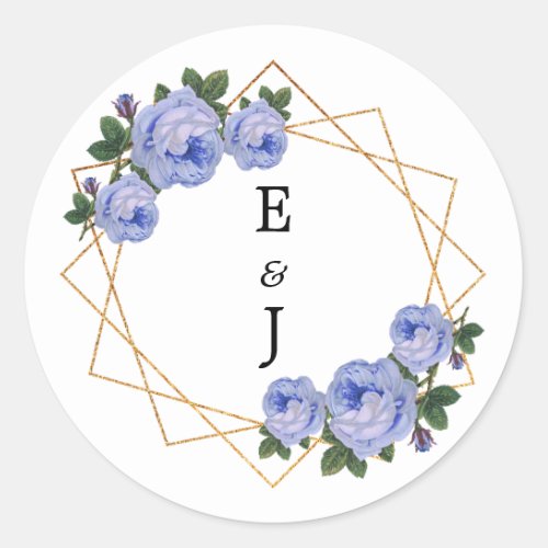 Elegant Gold Glitter Geometric Blue Floral Wedding Classic Round Sticker