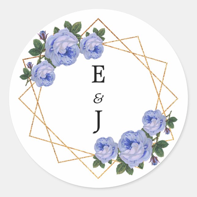 Elegant Gold Glitter Geometric Blue Floral Wedding Classic Round Sticker (Front)
