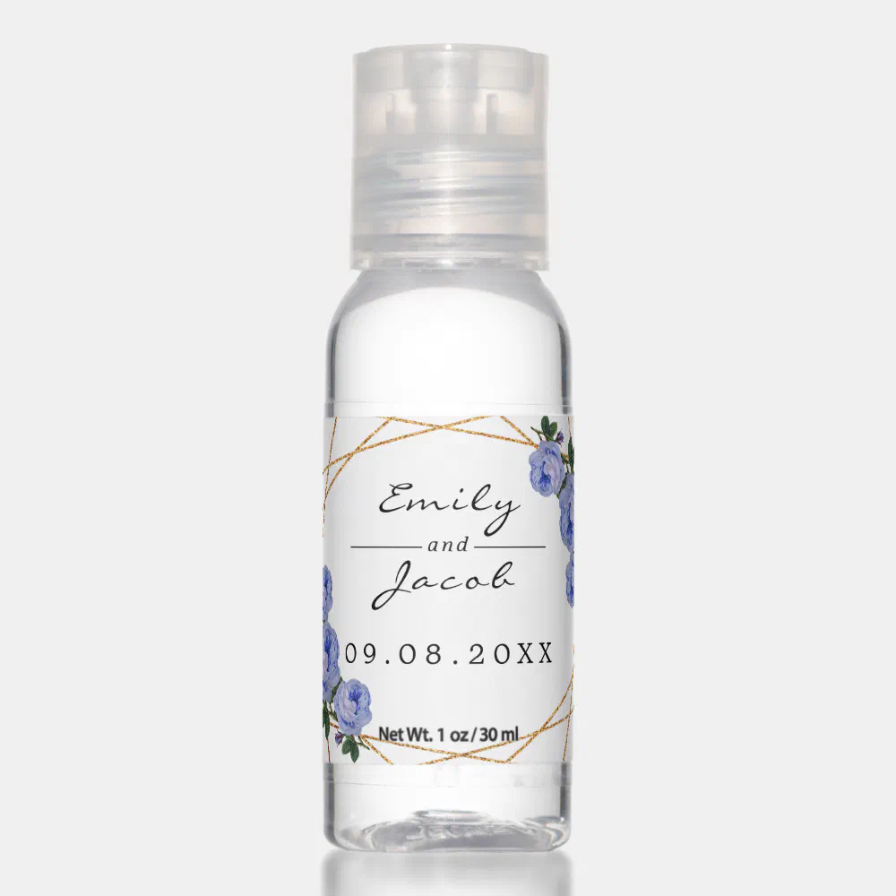 Elegant Gold Glitter Geometric Blue Floral Wedding Hand Sanitizer