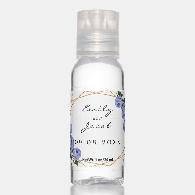 Elegant Gold Glitter Geometric Blue Floral Wedding Hand Sanitizer (Front)