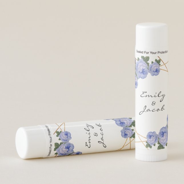 Elegant Gold Glitter Geometric Blue Floral Wedding Lip Balm (Front)