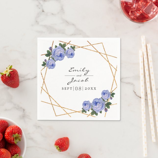 Elegant Gold Glitter Geometric Blue Floral Wedding Napkins (Insitu)