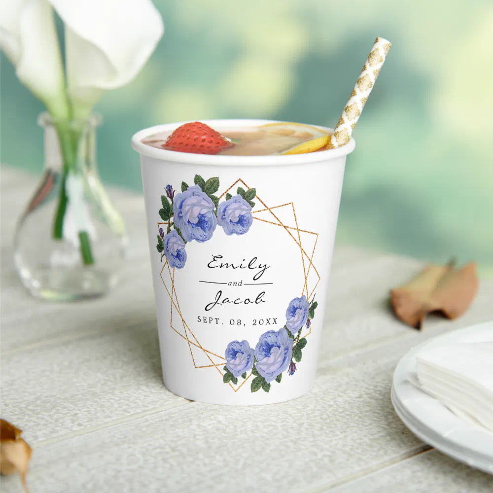 Elegant Gold Glitter Geometric Blue Floral Wedding Paper Cups