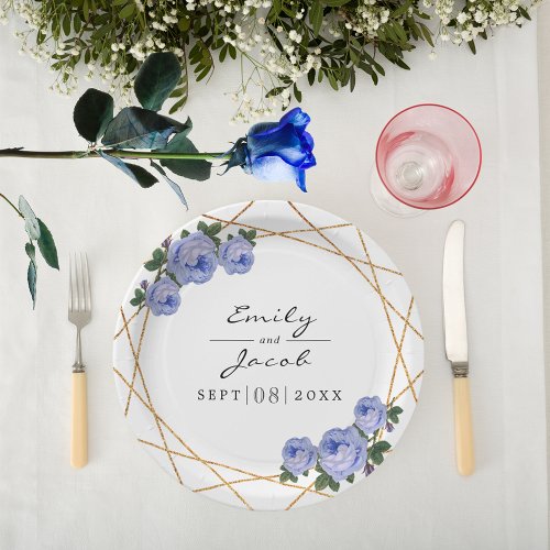 Elegant Gold Glitter Geometric Blue Floral Wedding Paper Plates