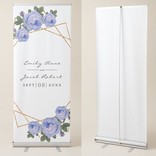 Elegant Gold Glitter Geometric Blue Floral Wedding Retractable Banner