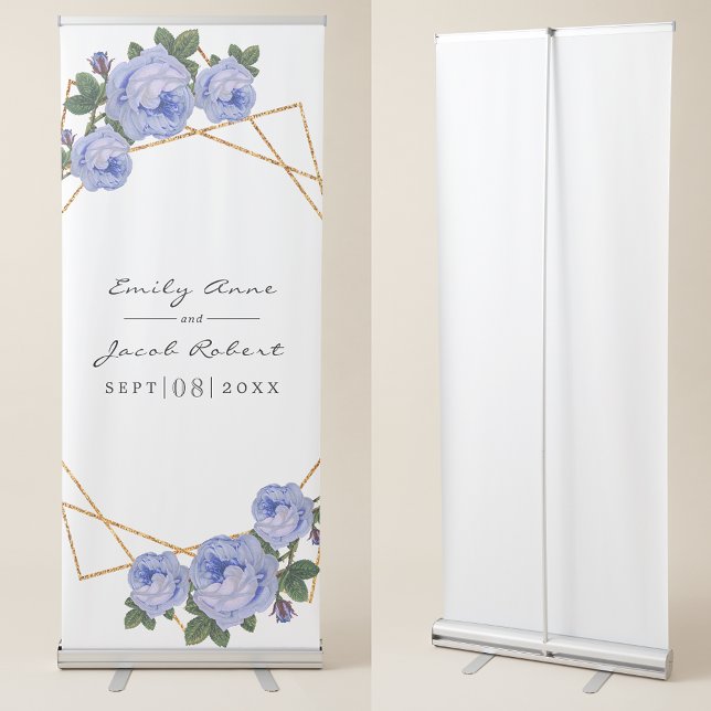 Elegant Gold Glitter Geometric Blue Floral Wedding Retractable Banner (Creator Uploaded)