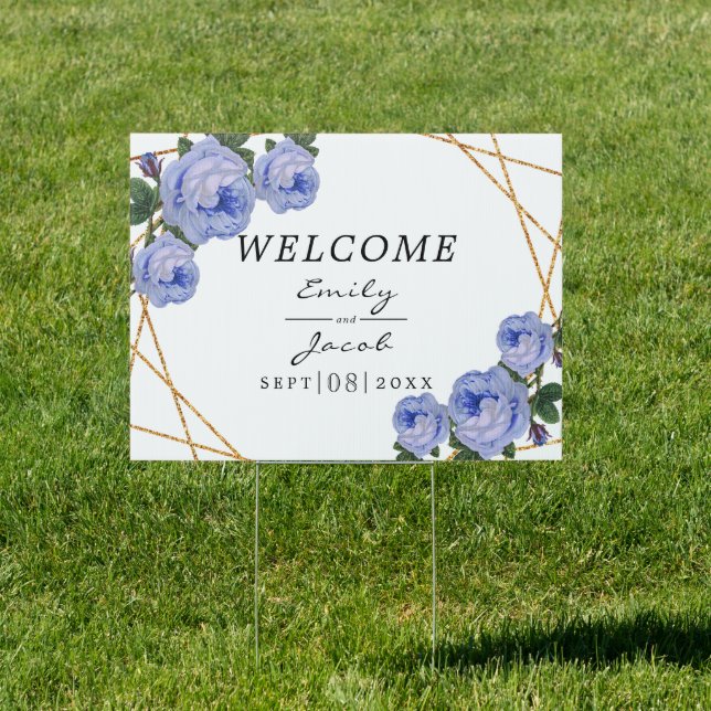 Elegant Gold Glitter Geometric Blue Floral Wedding Sign (Insitu)