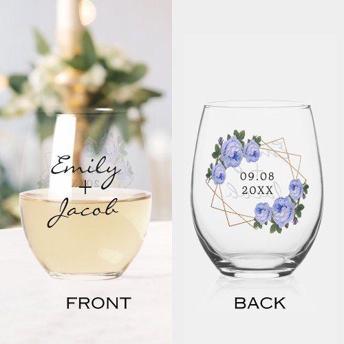 Elegant Gold Glitter Geometric Blue Floral Wedding Stemless Wine Glass