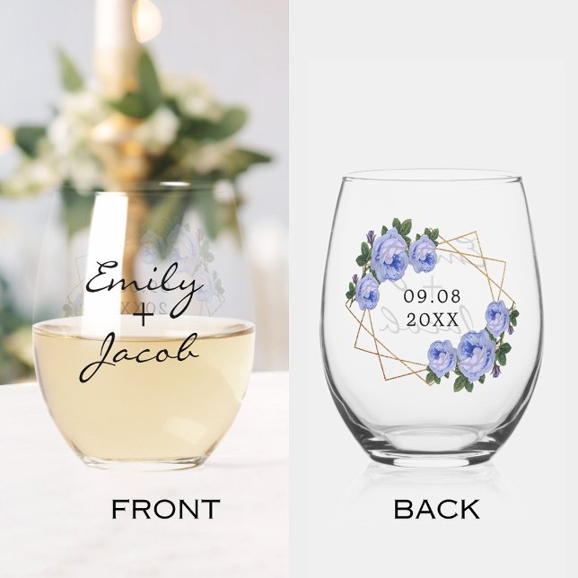 Elegant Gold Glitter Geometric Blue Floral Wedding Stemless Wine Glass (Elegant Gold Glitter Geometric Blue Floral Wedding Stemless Wine Glass)