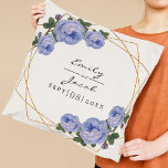 Elegant Gold Glitter Geometric Blue Floral Wedding Throw Pillow<br><div class="desc">Design features an elegant faux gold glitter geometric frame pattern. Overlaid with watercolor blue roses and greenery foliage on two corners. Personalize this template to add your information. Click to customize further to make more changes. Everything is customizable.

Need customization or questions then contact designer Sandy at admin@giftsyoutreasure.com</div>