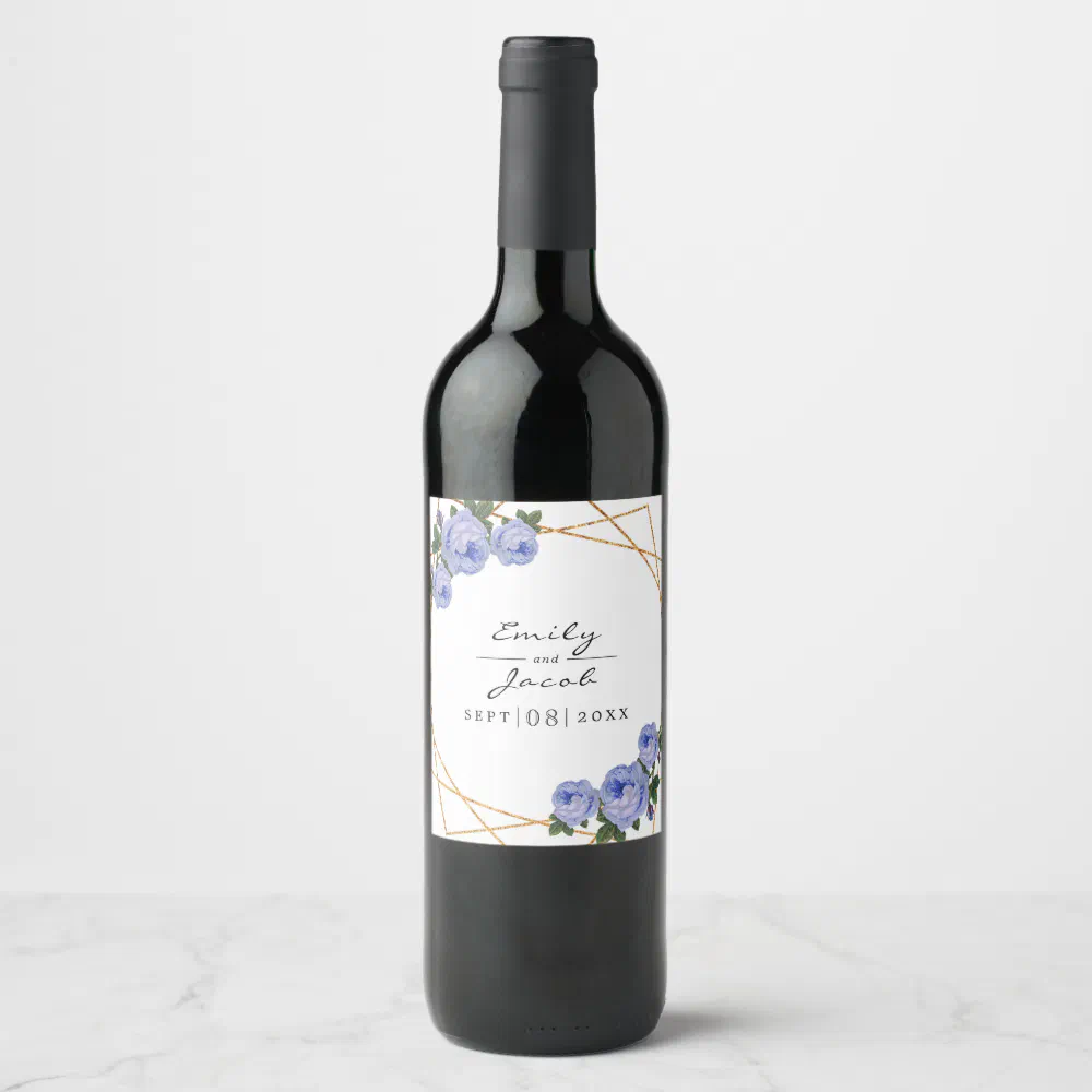 Elegant Gold Glitter Geometric Blue Floral Wedding Wine Label