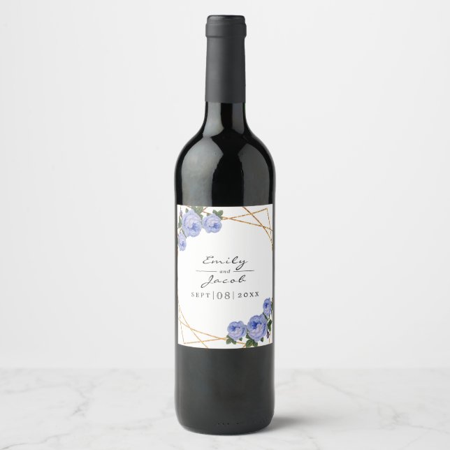 Elegant Gold Glitter Geometric Blue Floral Wedding Wine Label (Front)