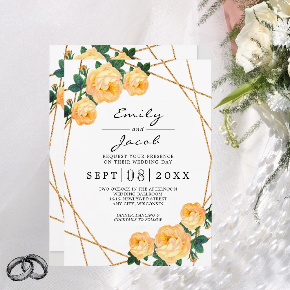 Elegant Gold Glitter Geometric Orange Floral Wed Announcement