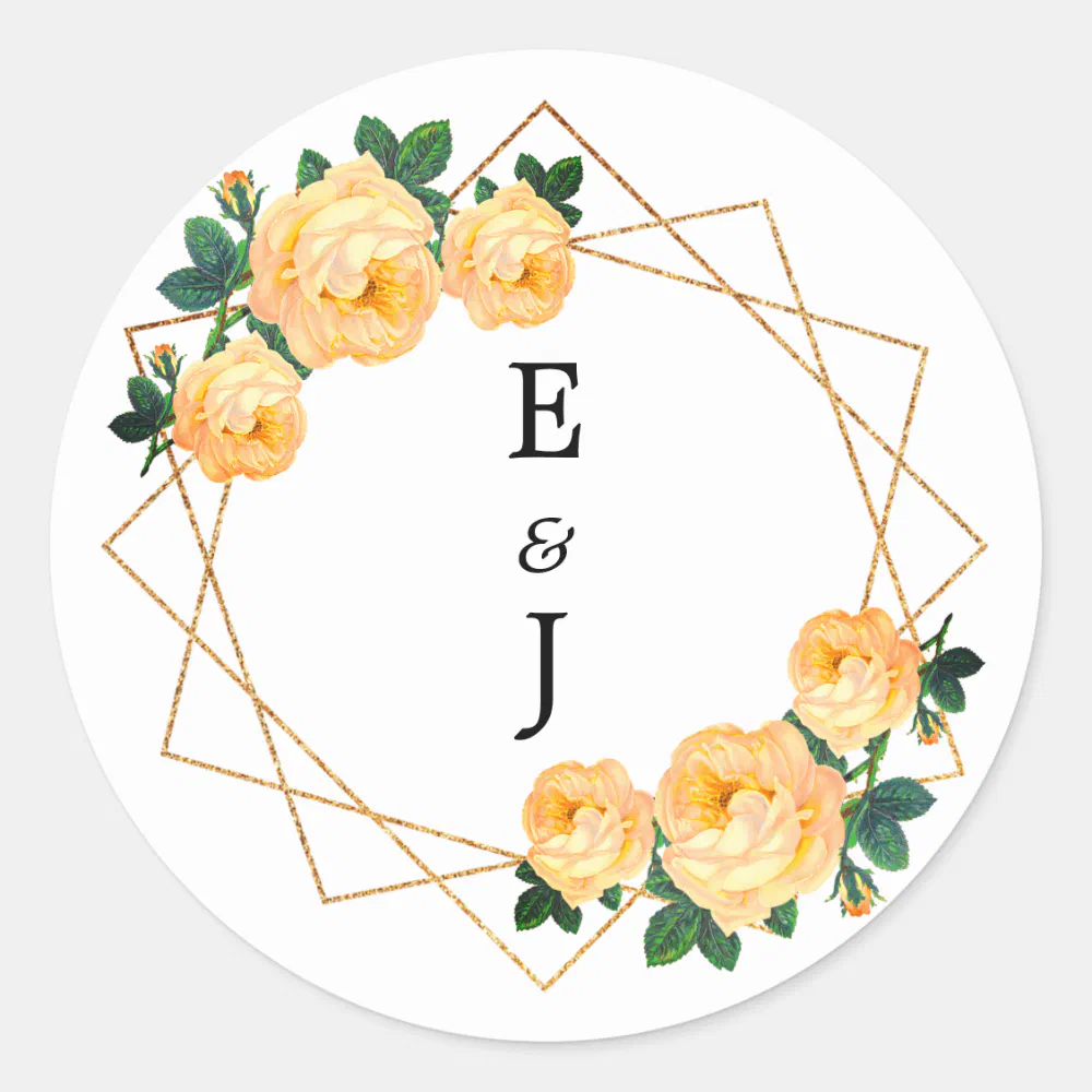 Elegant Gold Glitter Geometric Orange Floral Wed Classic Round Sticker