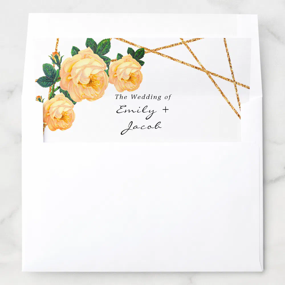 Elegant Gold Glitter Geometric Orange Floral Wed Envelope Liner
