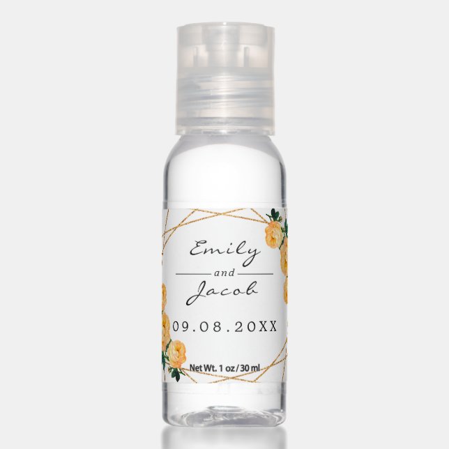 Elegant Gold Glitter Geometric Orange Floral Wed Hand Sanitizer (Front)