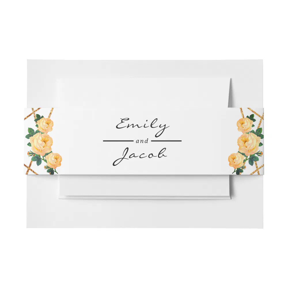 Elegant Gold Glitter Geometric Orange Floral Wed Invitation Belly Band