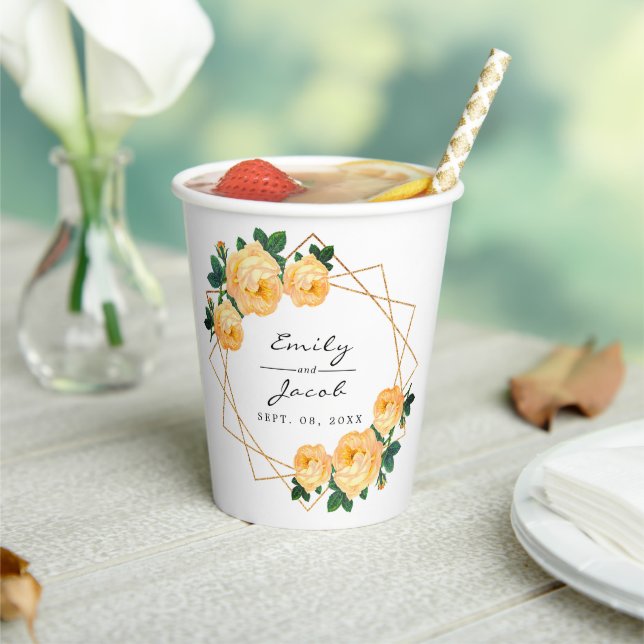 Elegant Gold Glitter Geometric Orange Floral Wed Paper Cups (Insitu)