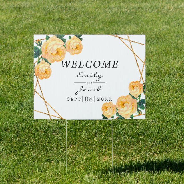 Elegant Gold Glitter Geometric Orange Floral Wed Sign (Insitu)