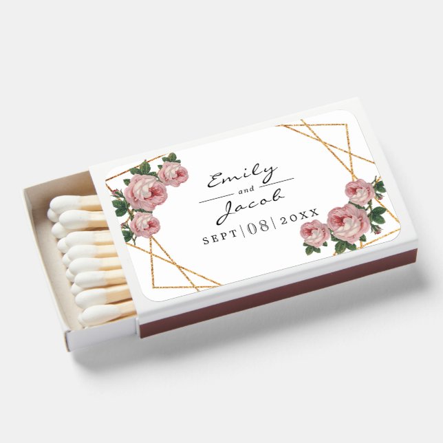Elegant Gold Glitter Geometric Pink Floral Matchboxes (Front Open)