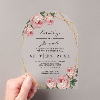 Elegant Gold Glitter Geometric Pink Floral Wedding Acrylic Invitations