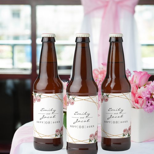 Elegant Gold Glitter Geometric Pink Floral Wedding Beer Bottle Label