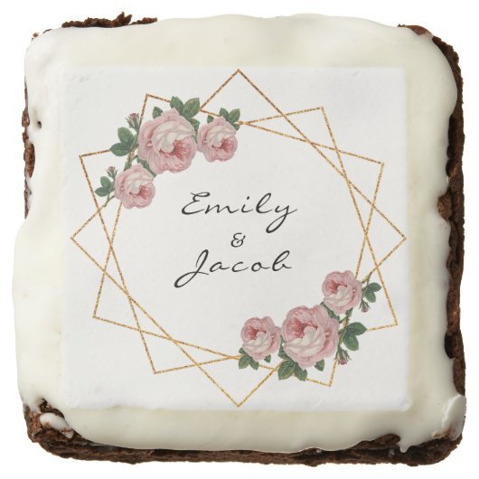 Elegant Gold Glitter Geometric Pink Floral Wedding Brownie (Front)