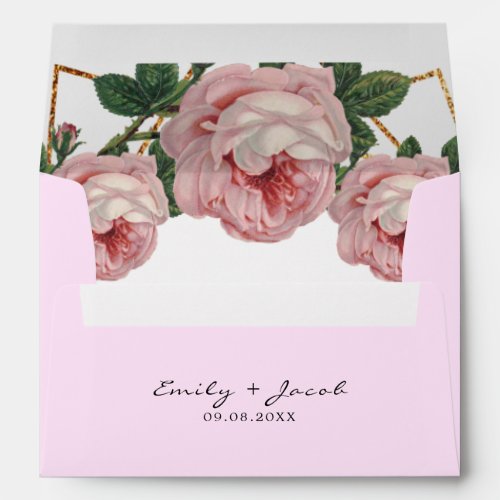 Elegant Gold Glitter Geometric Pink Floral Wedding Envelope