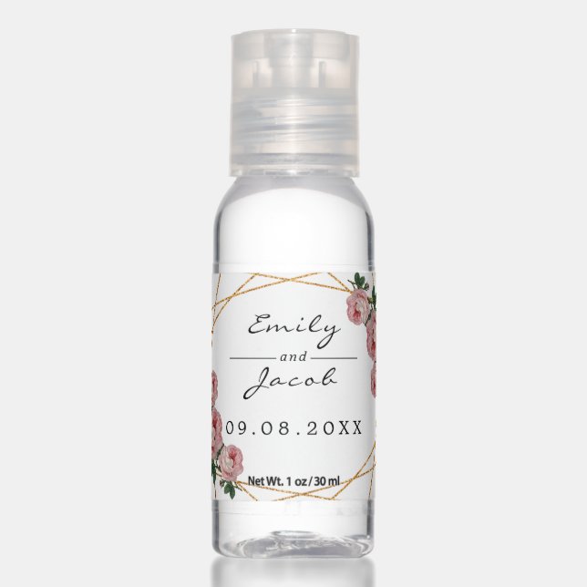 Elegant Gold Glitter Geometric Pink Floral Wedding Hand Sanitizer (Front)