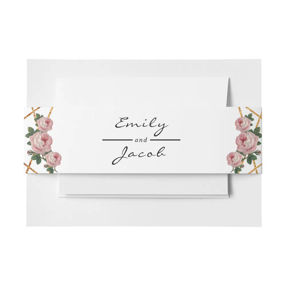 Elegant Gold Glitter Geometric Pink Floral Wedding Invitation Belly Band
