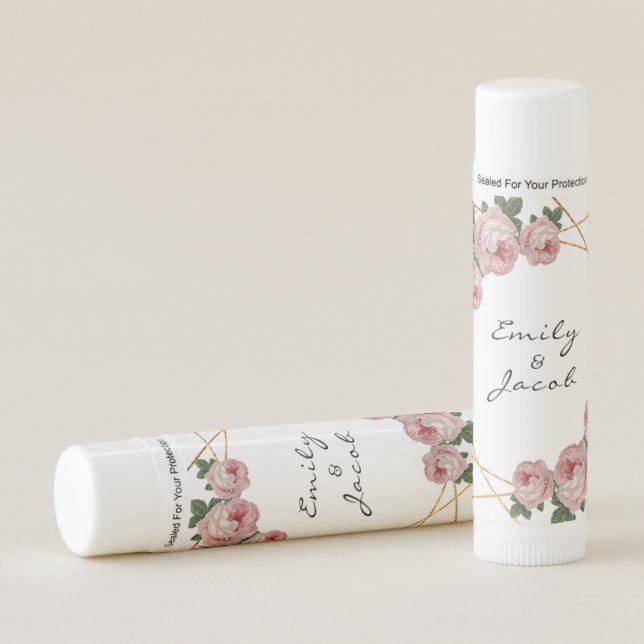 Elegant Gold Glitter Geometric Pink Floral Wedding Lip Balm (Front)