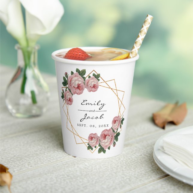 Elegant Gold Glitter Geometric Pink Floral Wedding Paper Cups (Insitu)