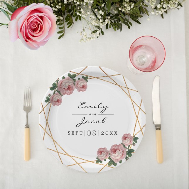Elegant Gold Glitter Geometric Pink Floral Wedding Paper Plates (Elegant Gold Glitter Geometric Pink Floral Wedding Paper Plates)