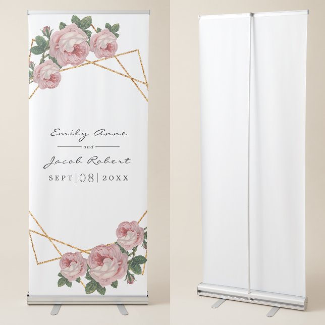 Elegant Gold Glitter Geometric Pink Floral Wedding Retractable Banner (Creator Uploaded)