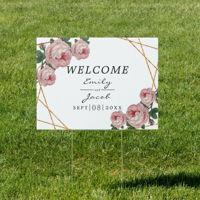 Elegant Gold Glitter Geometric Pink Floral Wedding Sign (Insitu)