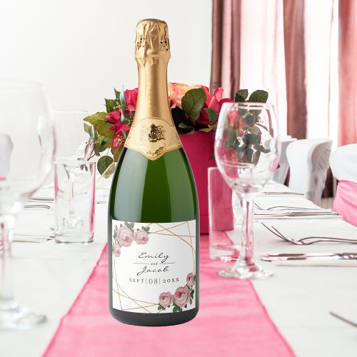 Elegant Gold Glitter Geometric Pink Floral Wedding Sparkling Wine Label
