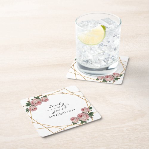 Elegant Gold Glitter Geometric Pink Floral Wedding Square Paper Coaster