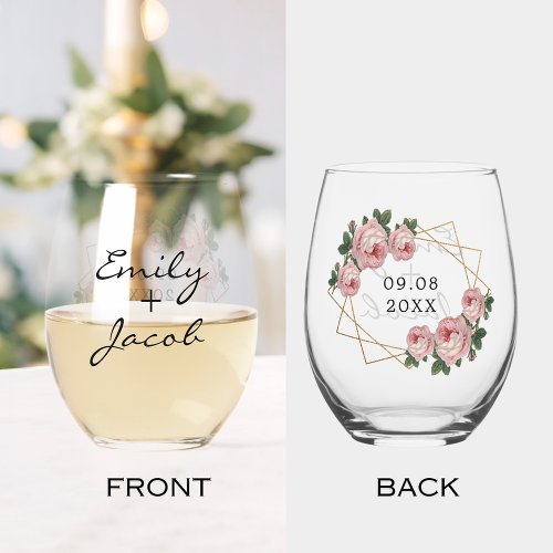 Elegant Gold Glitter Geometric Pink Floral Wedding Stemless Wine Glass