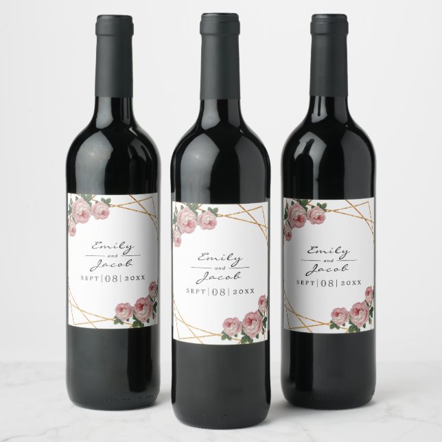 Elegant Gold Glitter Geometric Pink Floral Wedding Wine Label (Bottles)