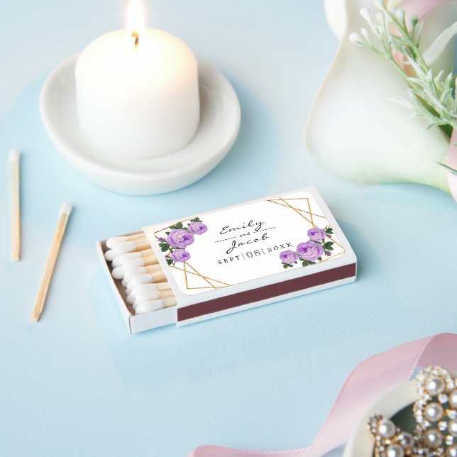 Elegant Gold Glitter Geometric Purple Floral Matchboxes (Insitu)