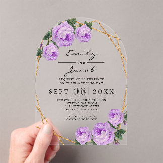 Elegant Gold Glitter Geometric Purple Floral Wed Acrylic Invitations