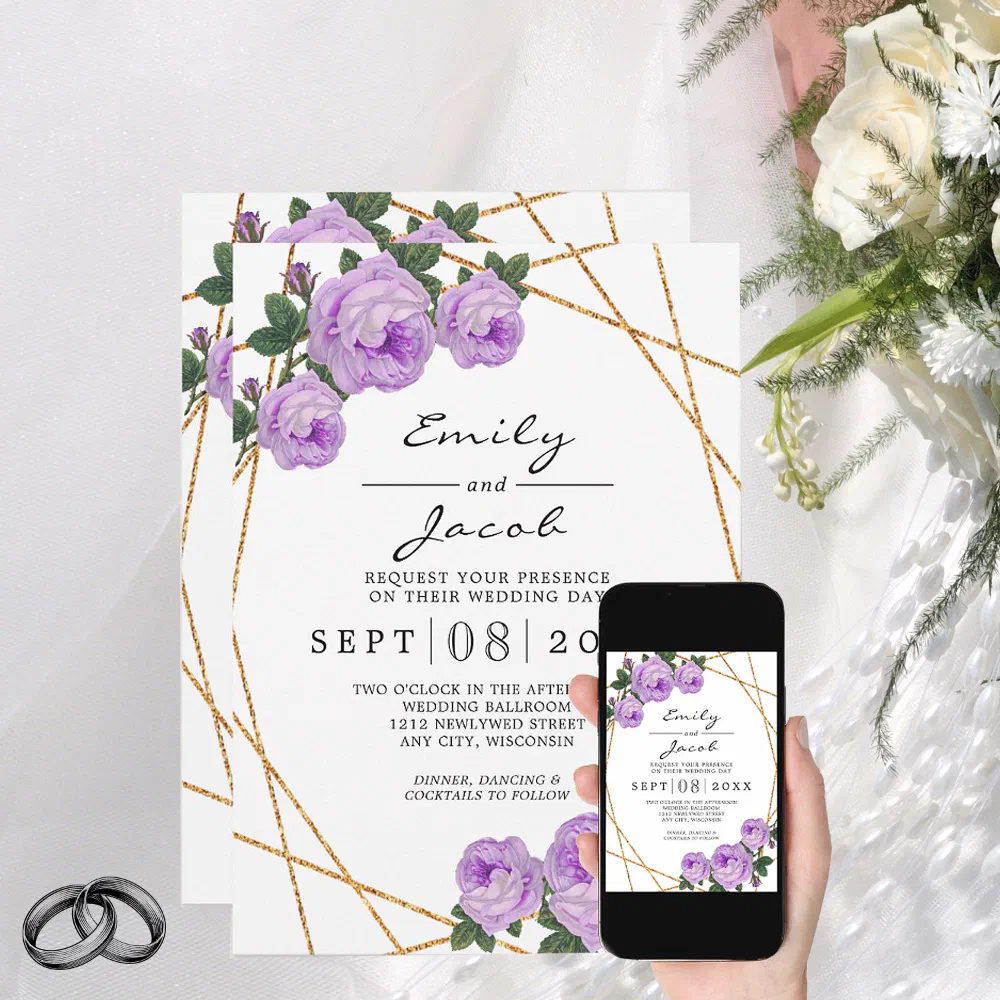 Elegant Gold Glitter Geometric Purple Floral Wed Announcement