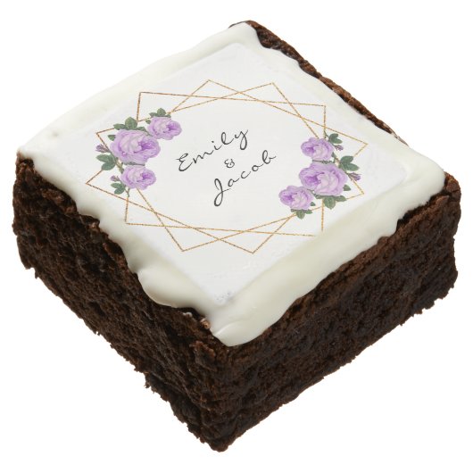 Elegant Gold Glitter Geometric Purple Floral Wed Brownie (Angled)