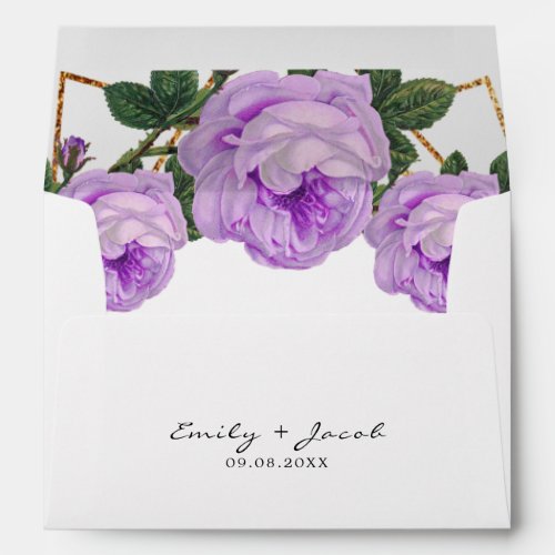 Elegant Gold Glitter Geometric Purple Floral Wed Envelope