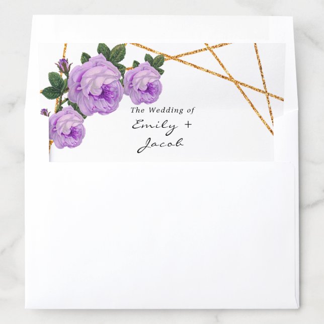 Elegant Gold Glitter Geometric Purple Floral Wed Envelope Liner (In Envelope)