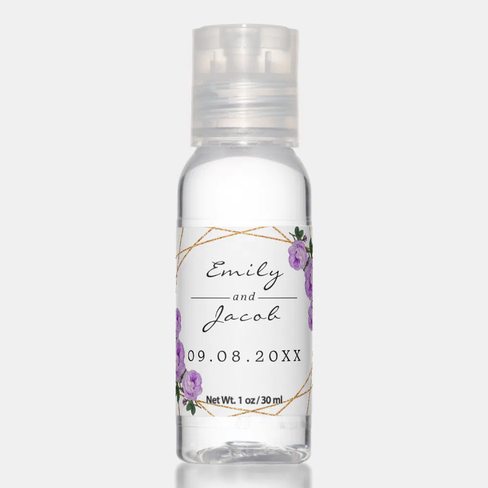 Elegant Gold Glitter Geometric Purple Floral Wed Hand Sanitizer