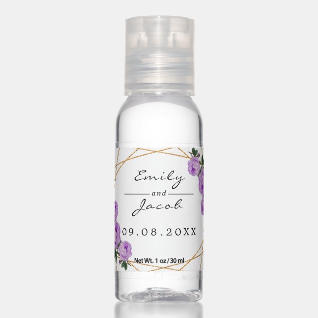 Elegant Gold Glitter Geometric Purple Floral Wed Hand Sanitizer (Front)